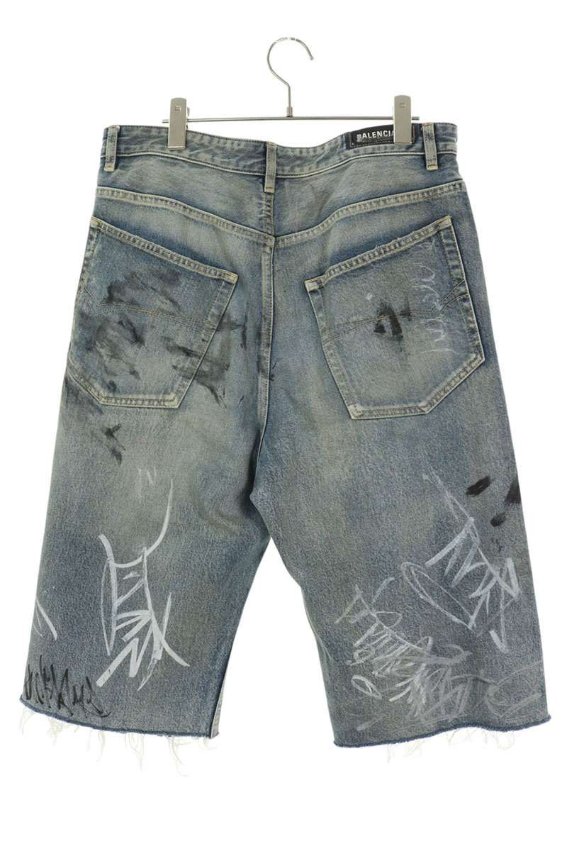 BALENCIAGA Baggy Graffiti Denim Shorts Blue Size XS