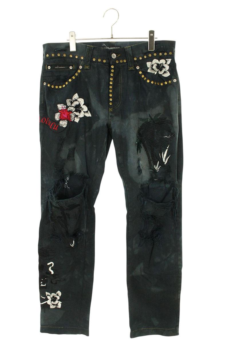 DOLCE & GABBANA Flower Print Studded Distressed Size 34