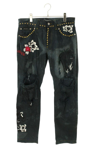 DOLCE & GABBANA Flower Print Studded Distressed Size 34