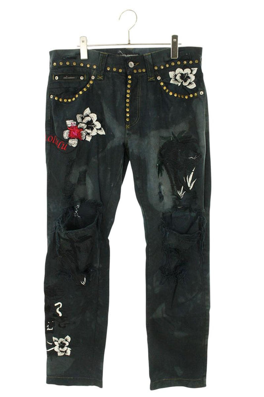 DOLCE & GABBANA Flower Print Studded Distressed Size 34
