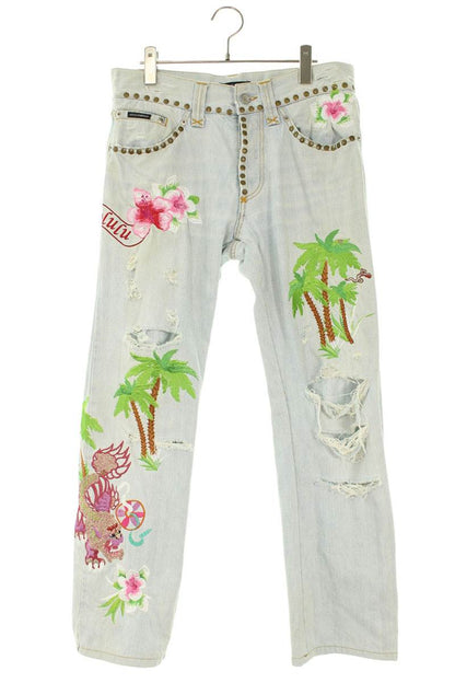DOLCE & GABBANA Palm Tree Studded Distressed Denim Size 33