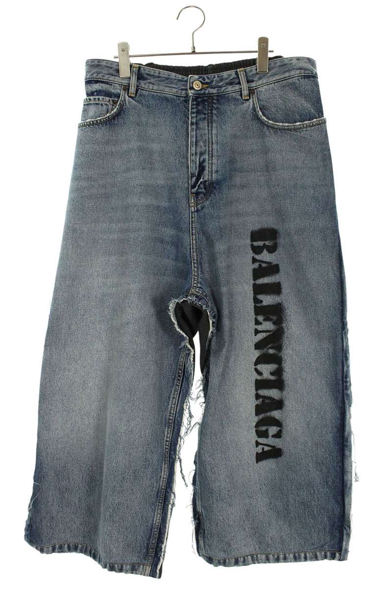 BALENCIAGA Sweat Panel Logo Print Blue/Gray Denim Size M