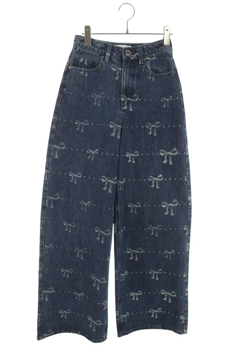 SELF PORTRAIT Blue Ribbon Print Wide Denim Pants Size 24