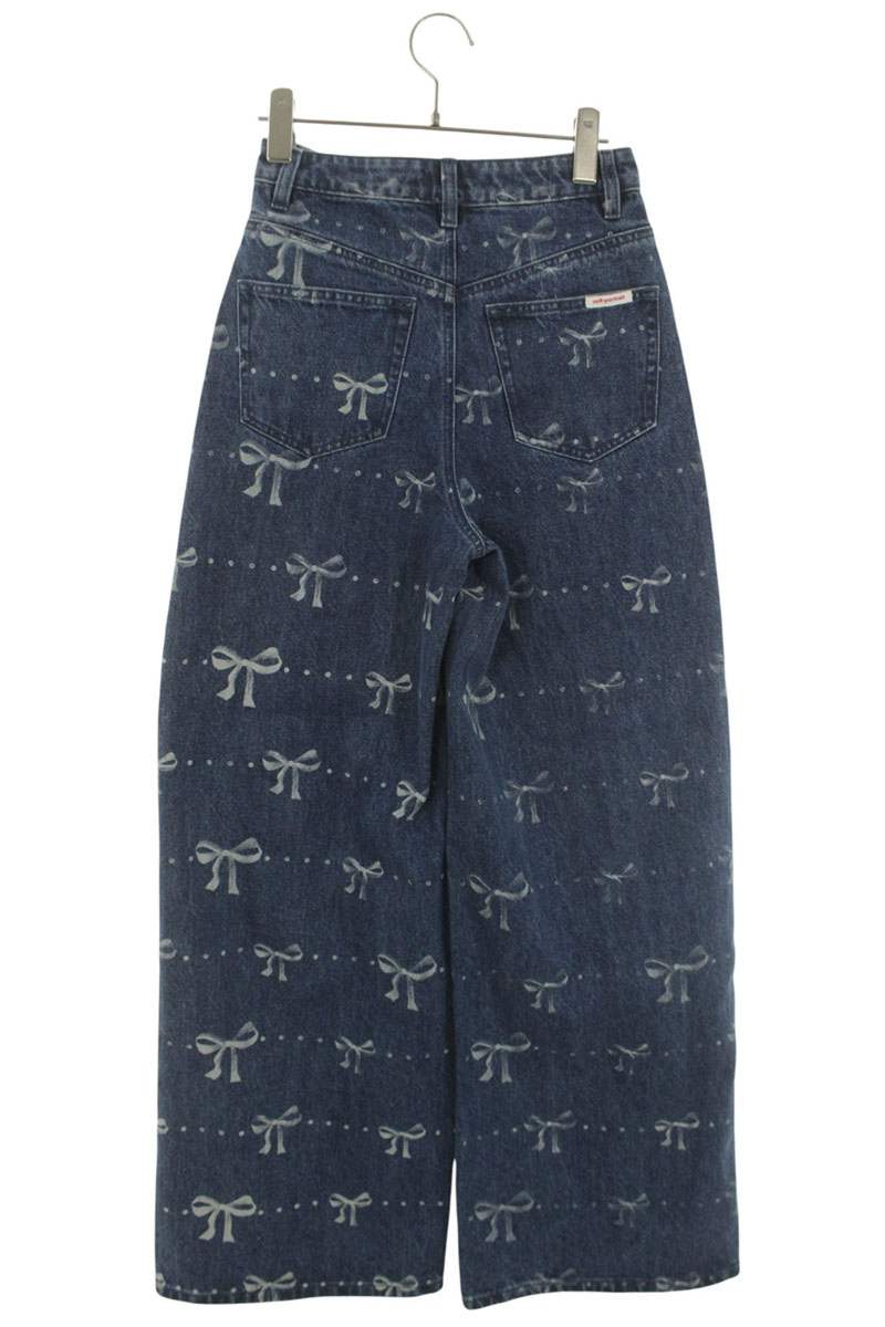 SELF PORTRAIT Blue Ribbon Print Wide Denim Pants Size 24