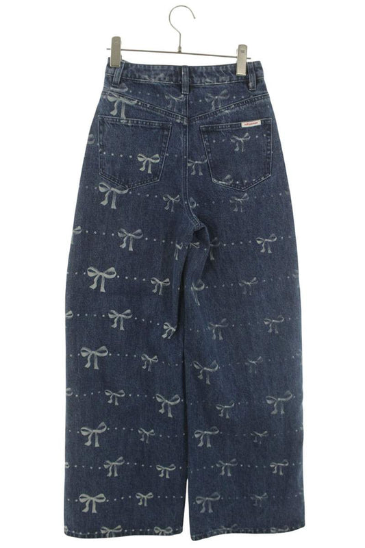SELF PORTRAIT Blue Ribbon Print Wide Denim Pants Size 24