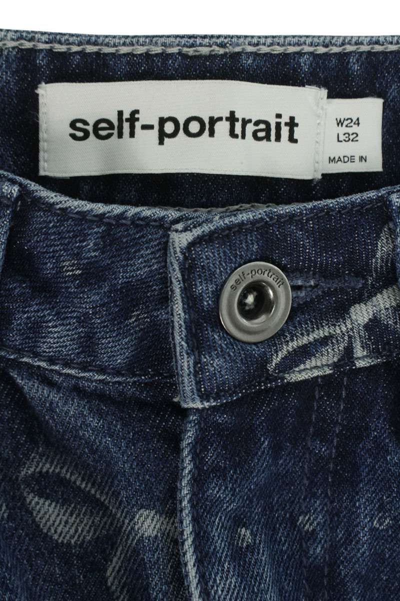 SELF PORTRAIT Blue Ribbon Print Wide Denim Pants Size 24