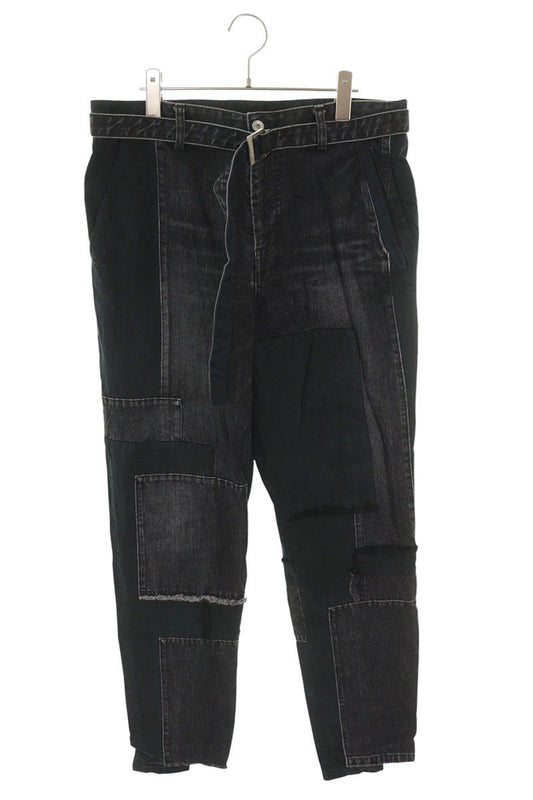 Sacai Black Cotton Belted Patchwork Denim Pants Size 4