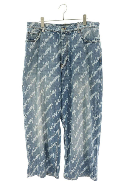 BALENCIAGA Distressed All-Over Logo Baggy Jeans Size M
