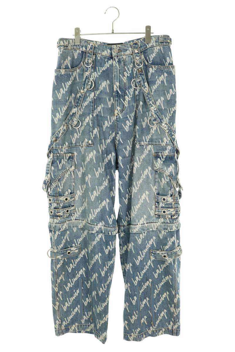 BALENCIAGA All-Over Logo Raver Baggy Denim Jeans Size 30