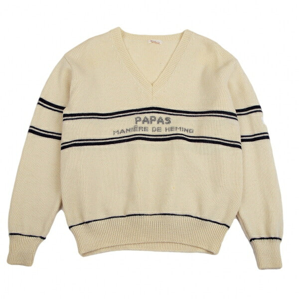 Papas Wool Line Lettering V-Neck Knit Sweater Cream Size M