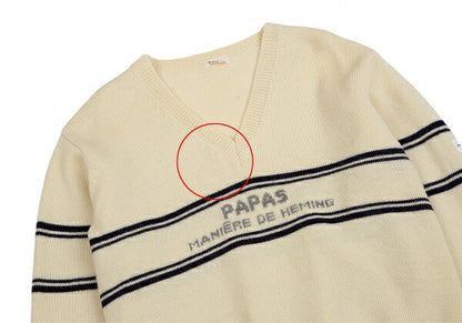 Papas Wool Line Lettering V-Neck Knit Sweater Cream Size M