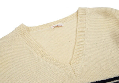 Papas Wool Line Lettering V-Neck Knit Sweater Cream Size M