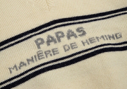 Papas Wool Line Lettering V-Neck Knit Sweater Cream Size M