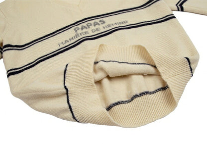 Papas Wool Line Lettering V-Neck Knit Sweater Cream Size M