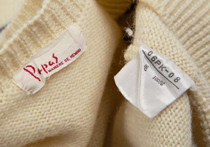Papas Wool Line Lettering V-Neck Knit Sweater Cream Size M