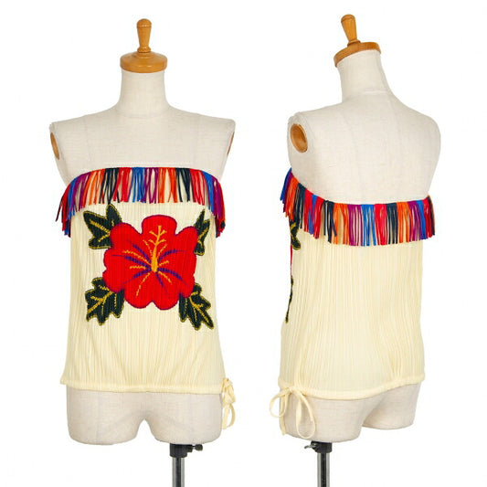 PLEATS PLEASE Pleated Hibiscus Print Fringe Tube Top Size F