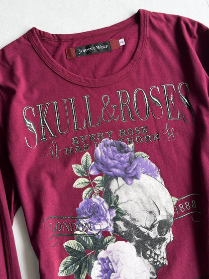 JHONNY WOLF Skull & Roses Graphic Long Sleeve Shirt Size 2