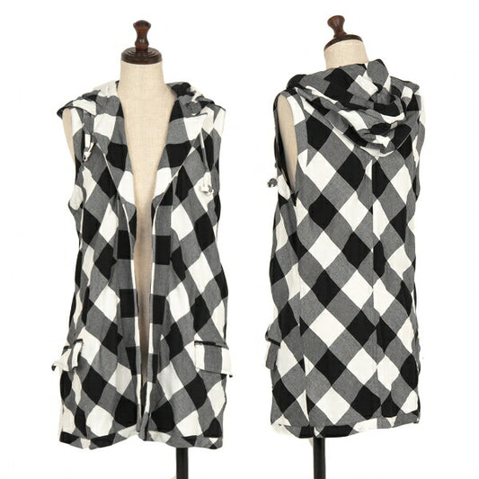 Y's Block Check Hooded Buttonless Vest White Size 2