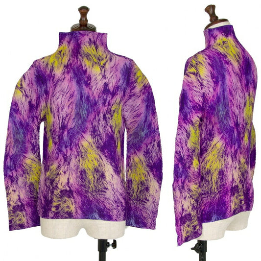 ISSEY MIYAKE me Purple Graphic Pleated High Neck Top Size F