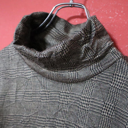 Yohji Yamamoto Glen Check Crinkled Mock Neck Long Sleeve Tee Size 2