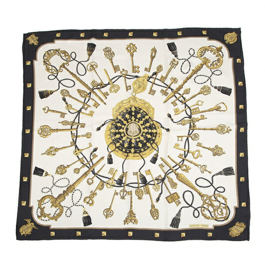 HERMES les cles key Carré 90 White Navy Scarf
