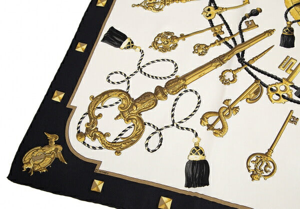 HERMES les cles key Carré 90 White Navy Scarf