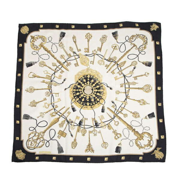 HERMES les cles key Carré 90 White Navy Scarf