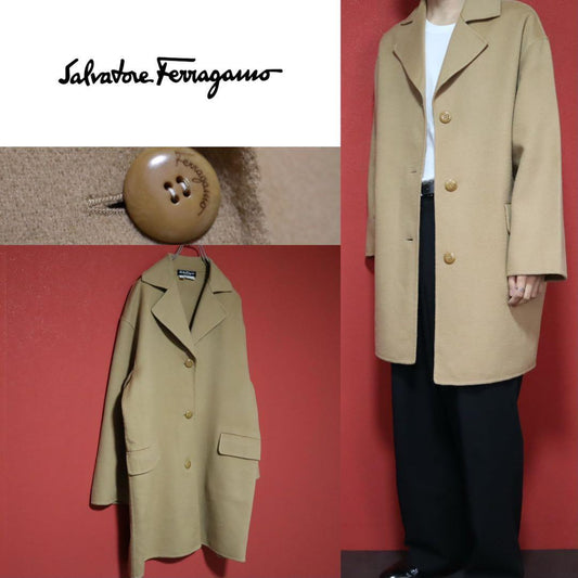 Salvatore Ferragamo Beige Wool Chesterfield Coat Size 40