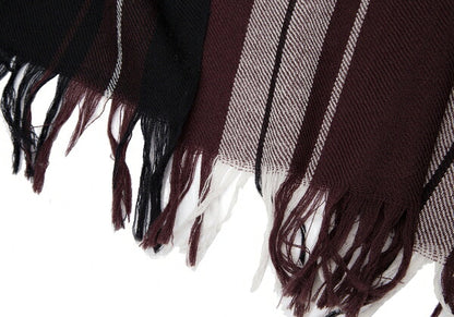 Y's Striped Fringe Layered Black Maroon Muffler