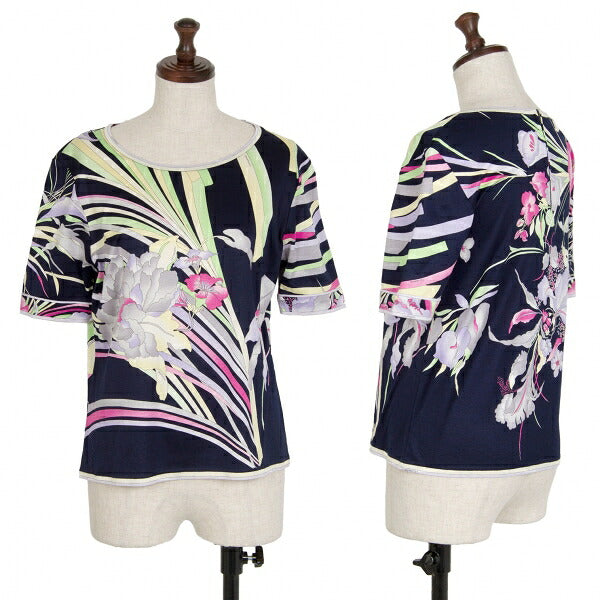 LEONARD Flower Print Back Zip T-Shirt Blue Size L