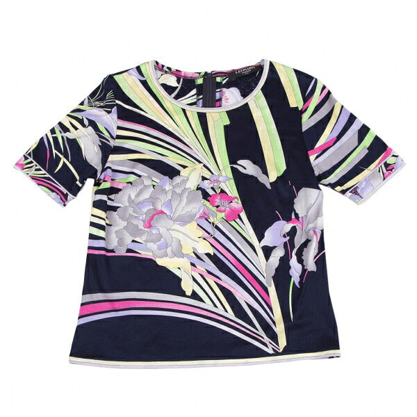 LEONARD Flower Print Back Zip T-Shirt Blue Size L