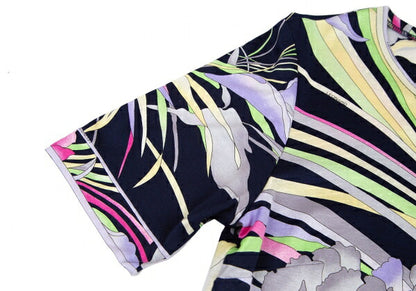 LEONARD Flower Print Back Zip T-Shirt Blue Size L