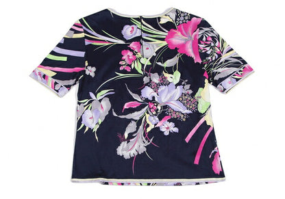 LEONARD Flower Print Back Zip T-Shirt Blue Size L