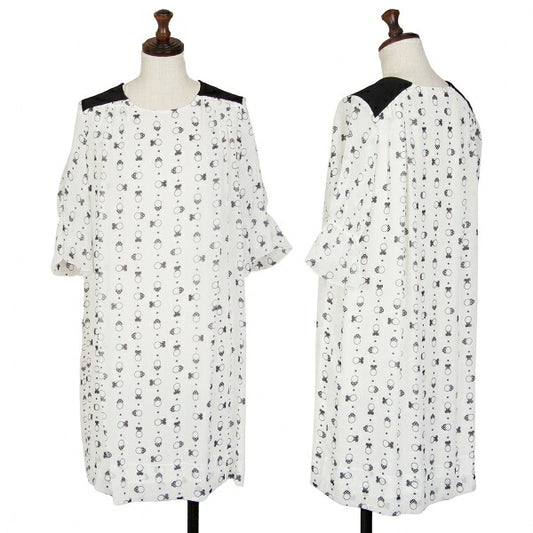 SEE BY CHLOE Pattern Rib Shoulder Midi White Black Dress Size 34