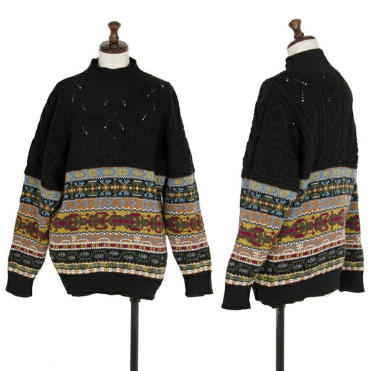 KENZO Fair Isle High Neck Cable Knit Sweater Black Size M