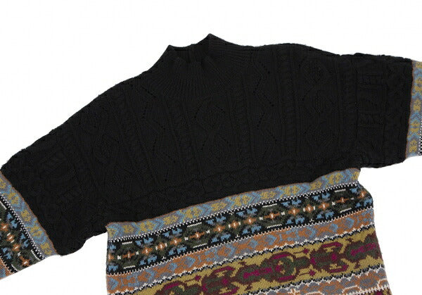 KENZO Fair Isle High Neck Cable Knit Sweater Black Size M