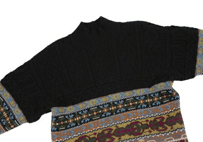 KENZO Fair Isle High Neck Cable Knit Sweater Black Size M