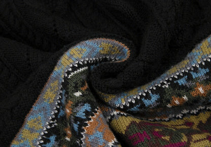 KENZO Fair Isle High Neck Cable Knit Sweater Black Size M