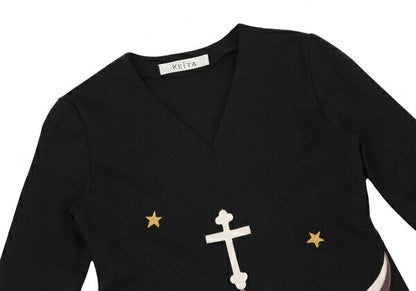 KEITA MARUYAMA Felt Patch V-Neck Sweater Black Multi Size 1