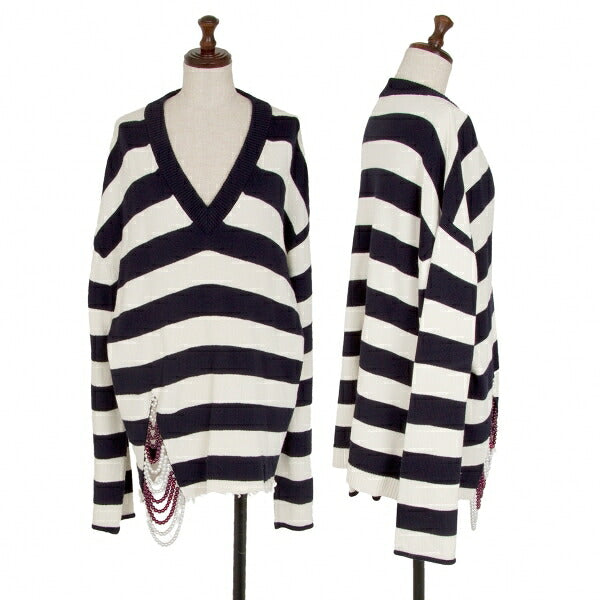 MONSE Distressed Striped Bijou Knit Sweater White Size S