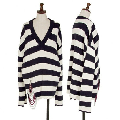 MONSE Distressed Striped Bijou Knit Sweater White Size S