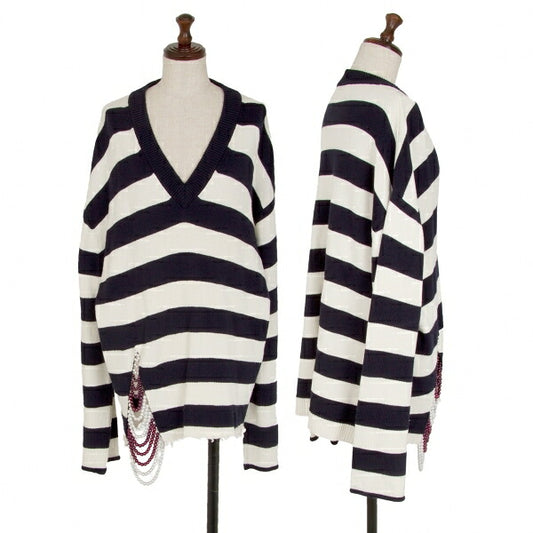 MONSE Distressed Striped Bijou Knit Sweater White Size S