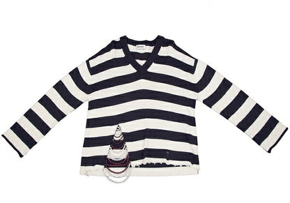 MONSE Distressed Striped Bijou Knit Sweater White Size S
