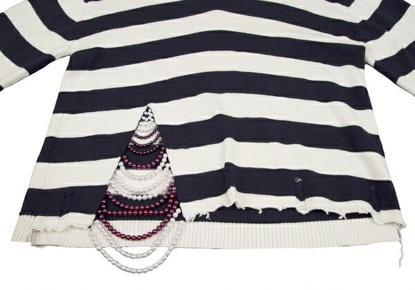 MONSE Distressed Striped Bijou Knit Sweater White Size S