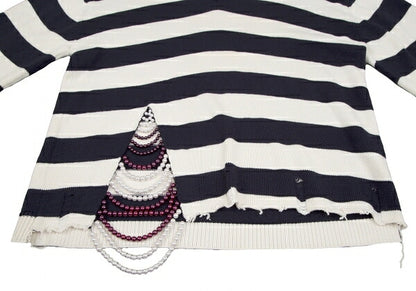 MONSE Distressed Striped Bijou Knit Sweater White Size S