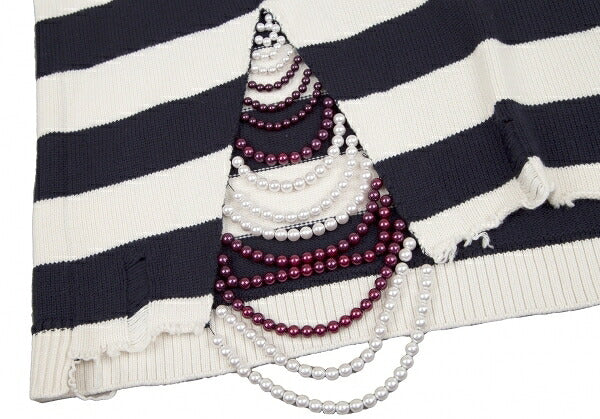 MONSE Distressed Striped Bijou Knit Sweater White Size S