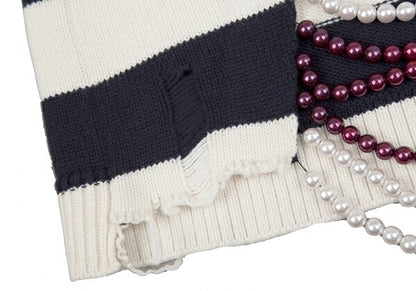 MONSE Distressed Striped Bijou Knit Sweater White Size S