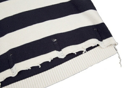 MONSE Distressed Striped Bijou Knit Sweater White Size S
