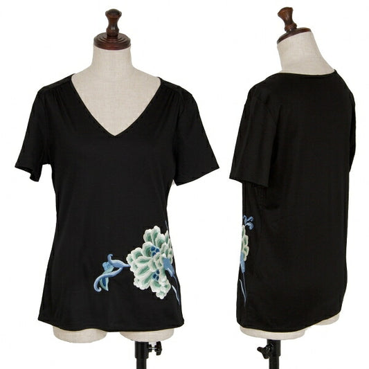 VIVIENNE TAM Flower Embroidery V-Neck T-Shirt Black Size 1