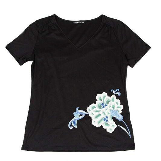 VIVIENNE TAM Flower Embroidery V-Neck T-Shirt Black Size 1